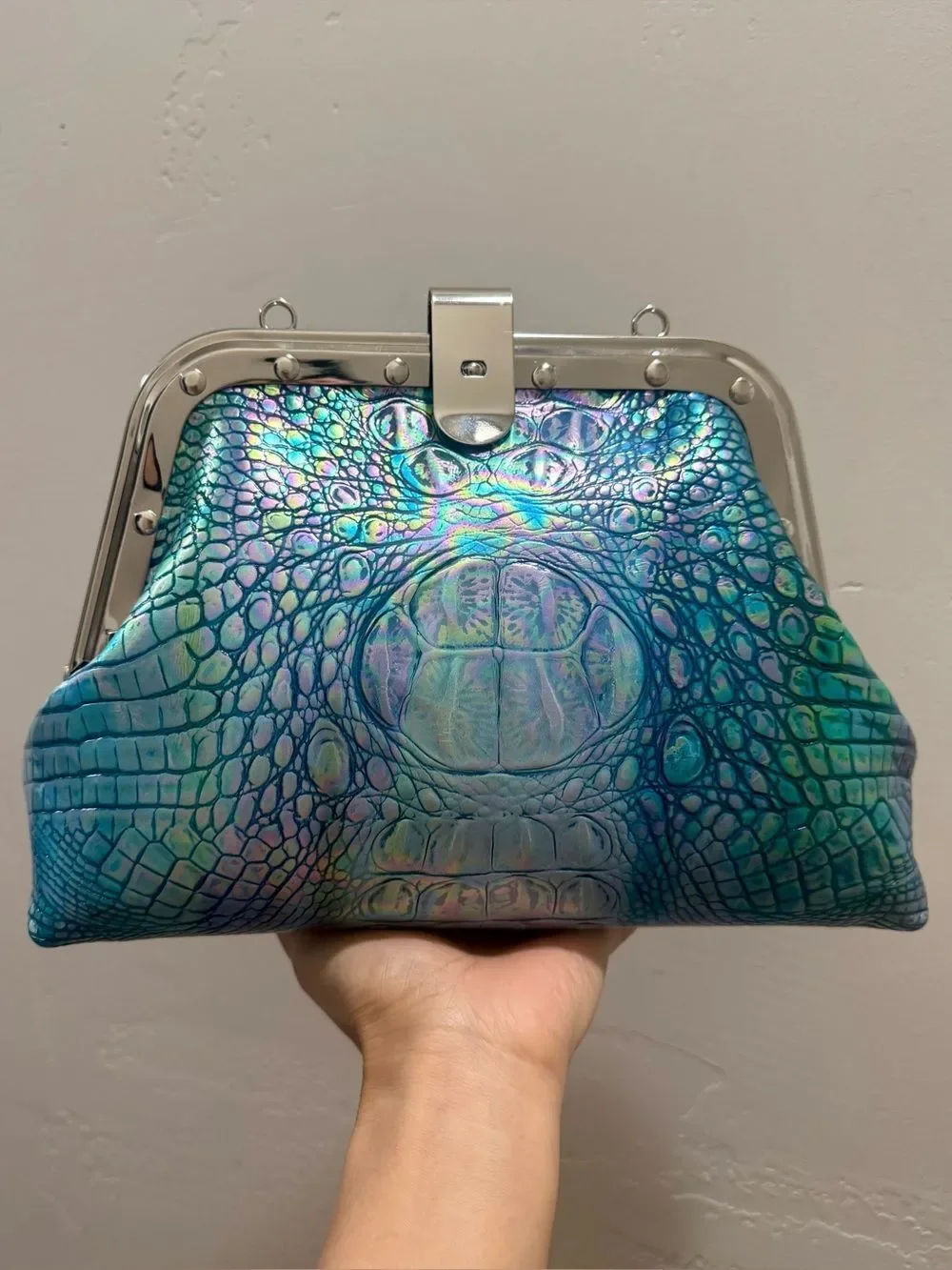 Iridescent Croc-Embossed Cowhide Handmade Unique Rivet Frame Bag, Large Size